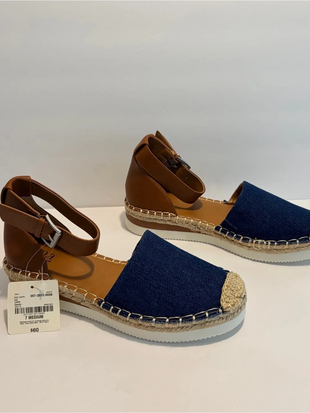 a.n.a Navy Denim Espadrille Platform Sandals with Tan Ankle Strap
